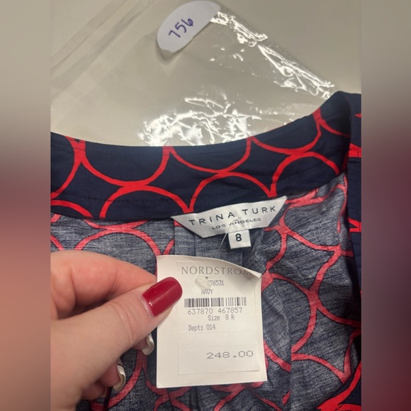 Trina Turk Dress Sleeveless Sheath Short Navy Blue Red Circles Size 8 Medium New - Picture 8 of 8